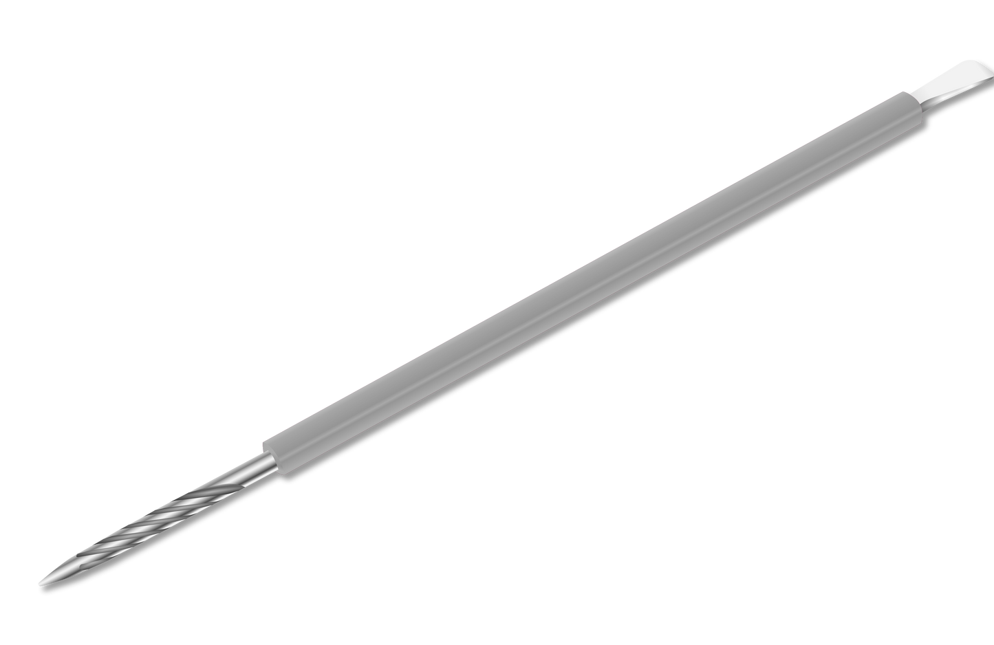 Illustration of the ISIS CUTELARIA Pusher and Stick by Isis Cutelaria, a pen-like tool with stainless steel construction and a silicone cover. Perfect for 3D printer nozzle cleaning, it features a spiral drill bit on one end and a flat blade on the other, with its gray handle contrasting against the white background.