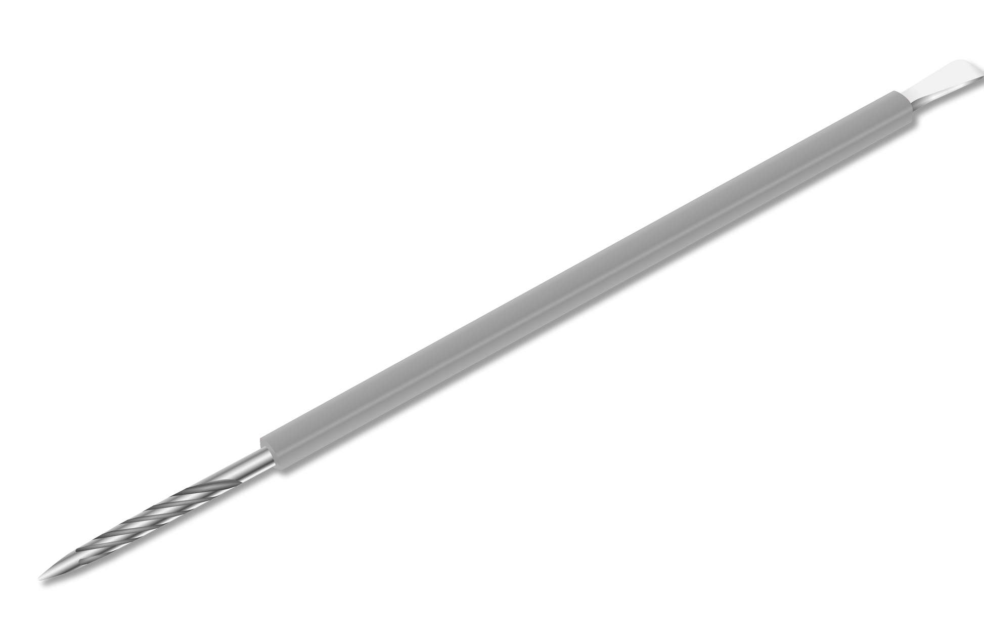 Illustration of the ISIS CUTELARIA Pusher and Stick by Isis Cutelaria, a pen-like tool with stainless steel construction and a silicone cover. Perfect for 3D printer nozzle cleaning, it features a spiral drill bit on one end and a flat blade on the other, with its gray handle contrasting against the white background.