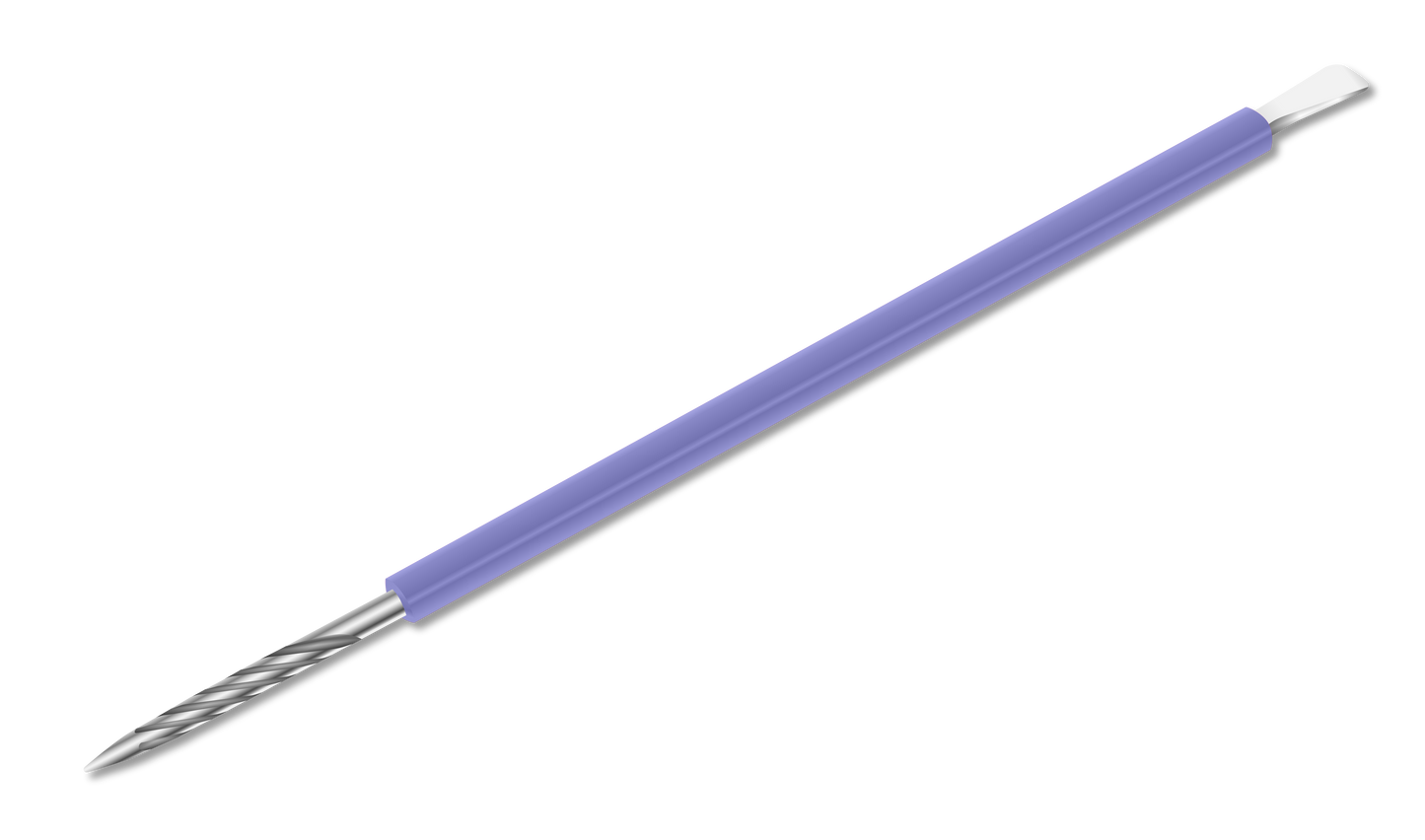 The ISIS CUTELARIA Pusher and Stick from Isis Cutelaria features a purple handle with a silicone cover, one end with a twisted stainless steel drill-like tip and the other with a flat metal blade.
