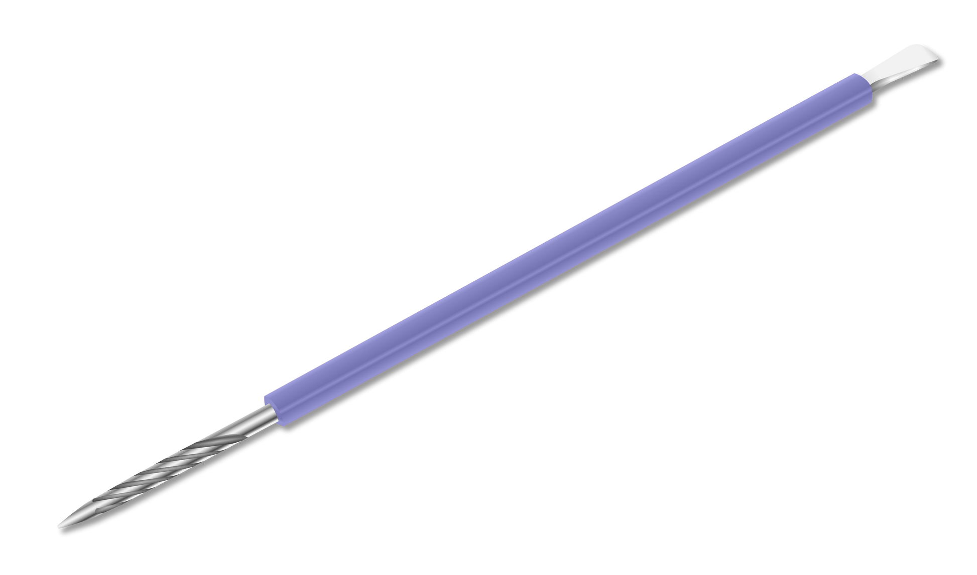 The ISIS CUTELARIA Pusher and Stick from Isis Cutelaria features a purple handle with a silicone cover, one end with a twisted stainless steel drill-like tip and the other with a flat metal blade.