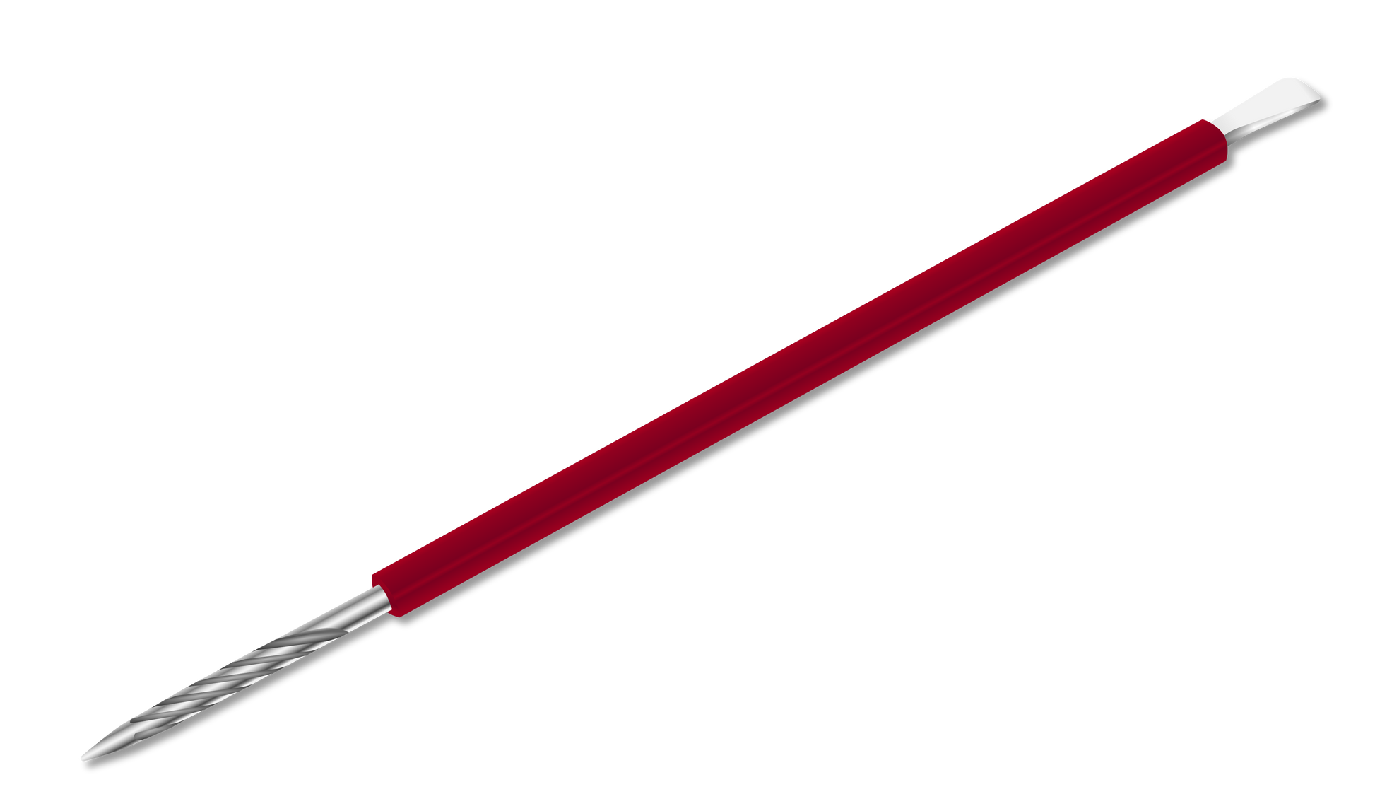 The ISIS CUTELARIA Pusher and Stick by Isis Cutelaria features a red silicone cover, with a stainless steel construction. One end has a spiral tip, the other is flat like a screwdriver. The tool is presented on a transparent background for clarity.