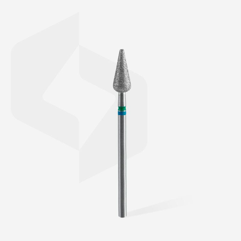 The STALEKS PRO Diamond Nail Drill Bit DUO Pointed Pear Blue-Green (5 mm head / 12 mm working part) by Staleks features a durable diamond coating and a cylindrical metal handle, standing upright against a plain light background.
