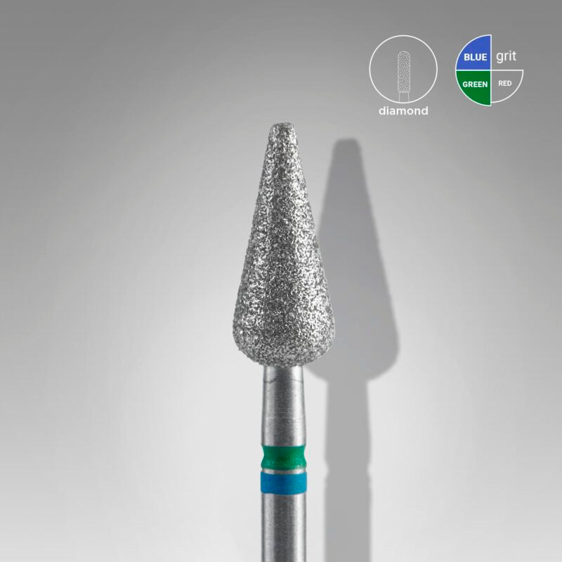 The Staleks PRO Diamond Nail Drill Bit DUO Pointed Pear Blue-Green features a medium-grit, textured diamond coating and metallic handle. Expert head diameter: 5 mm; working part: 12 mm—ideal for nail care.
