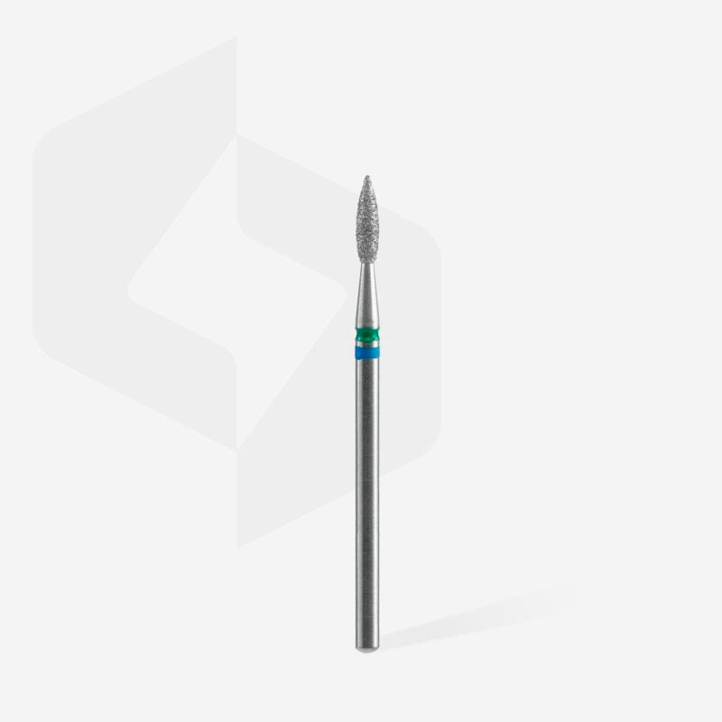 The Staleks STALEKS PRO Diamond Nail Drill Bit DUO Flame Blue-Green EXPERT, with a 2.1 mm head and 8 mm working part, is shown upright on a plain white background, featuring a metallic handle and blue-green ring near the tip.