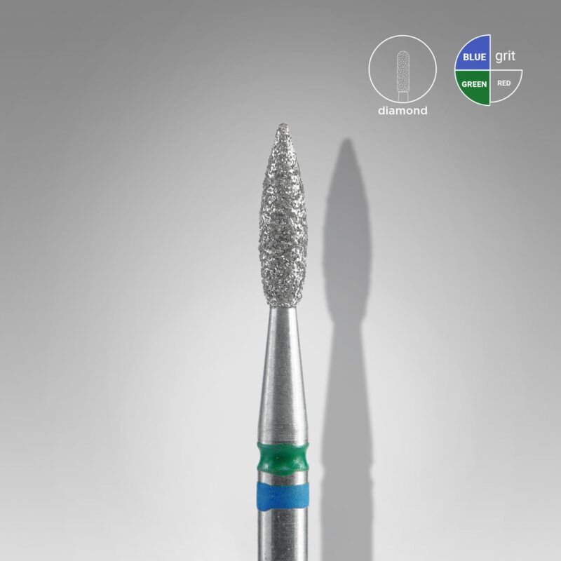 A close-up of the Staleks STALEKS PRO Diamond Nail Drill Bit DUO Flame Blue-Green EXPERT (head 2.1 mm, working part 8 mm), featuring diamond coating and blue-green bands, set against gray with grit icons for blue, green, and red.