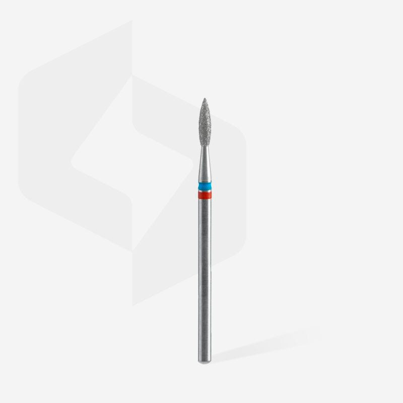 A close-up of the STALEKS PRO Diamond Nail Drill Bit DUO Flame Red-Blue EXPERT (2.1 mm head, 8 mm working part) by Staleks, with a slender flame tip and metal handle featuring red and blue rings, on a plain white background.