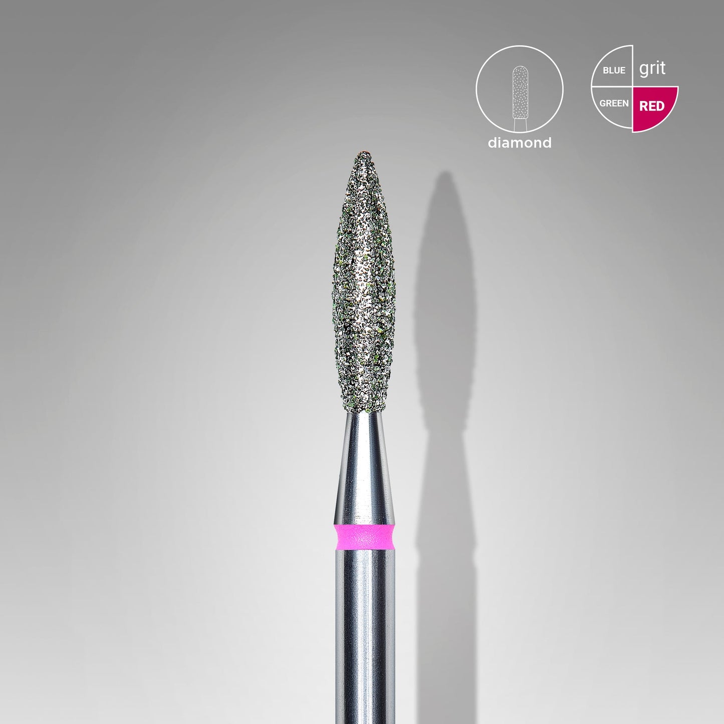 A close-up image of a Staleks PRO Diamond nail drill bit with a textured surface, highlighted in green indicating the red grit size, with its shadow extending behind it on a light grey background.