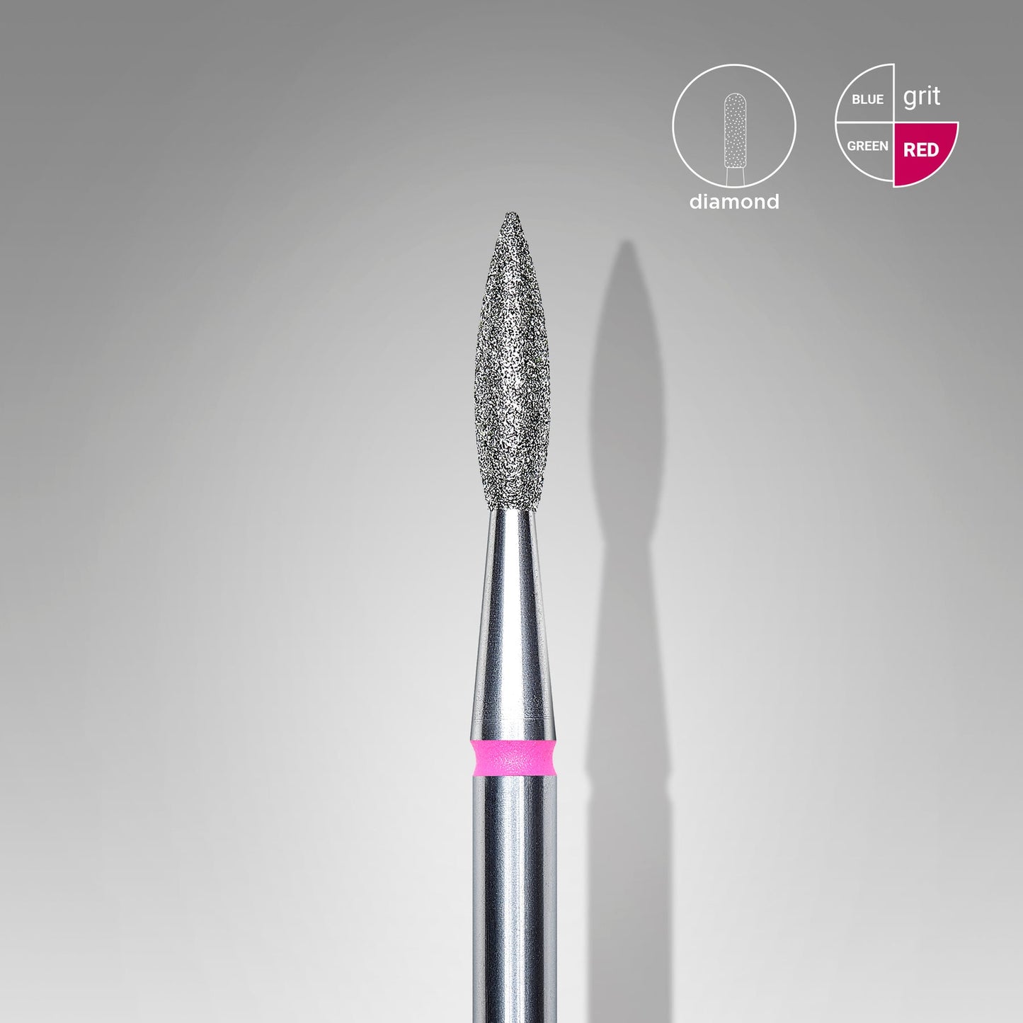 Close-up of a Staleks Diamond nail drill bit with a pink band indicating red grit, used for dental procedures, against a gray background with grit details and descriptors.