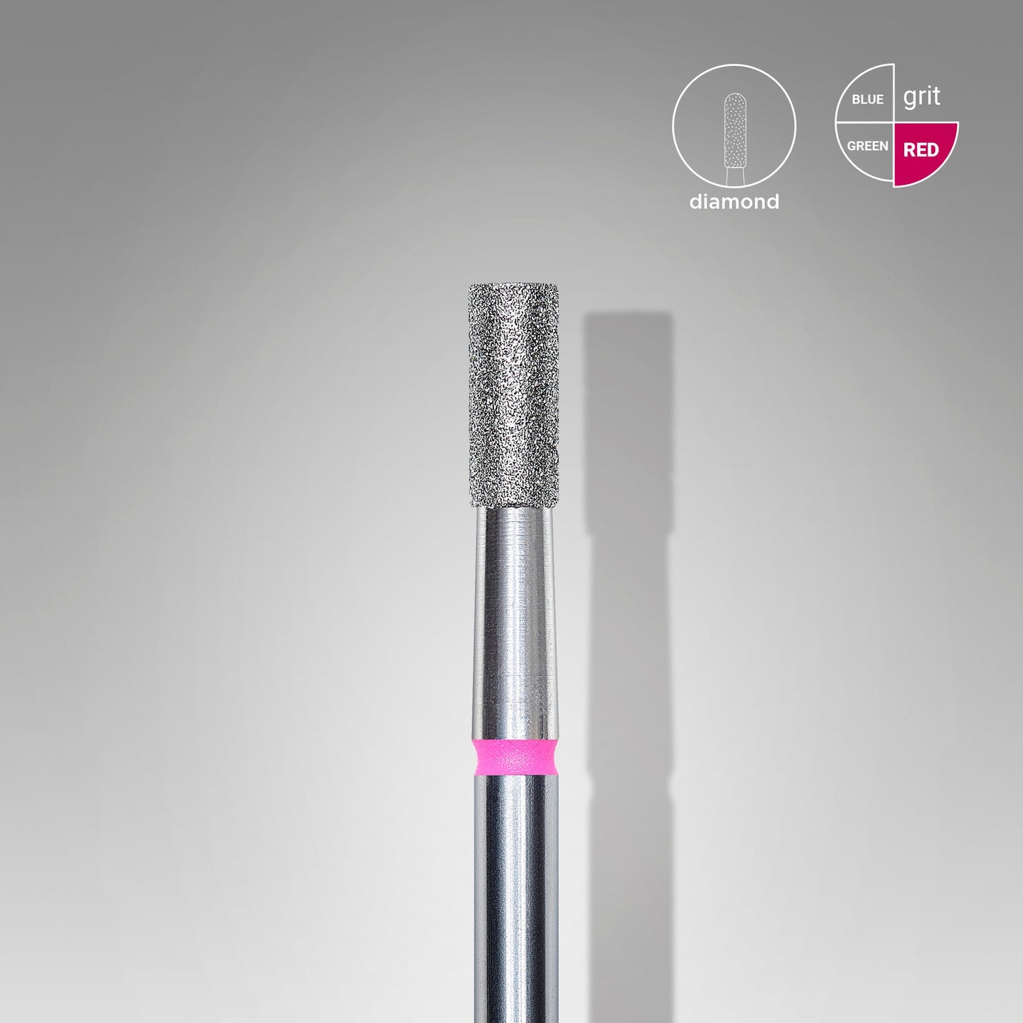 Close-up view of a Staleks STALEKS PRO Diamond nail drill bit (cylinder) with a pink identifier band, indicating red grit, against a grey gradient background.