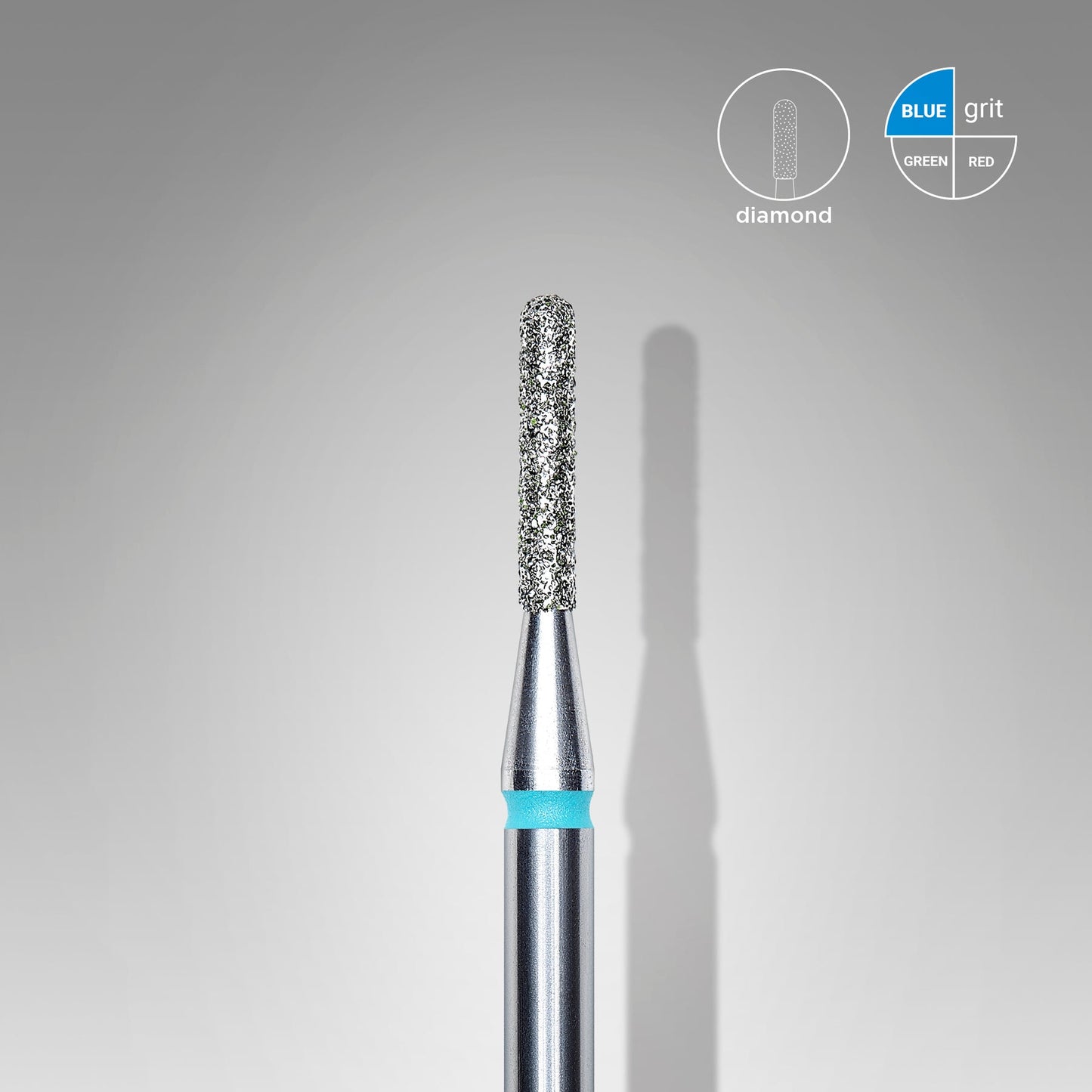 A close-up of a Staleks PRO diamond nail drill bit (cylinder) rounded blue with a blue band indicating its grit size, displayed against a gradient grey background with a shadow and grit chart.