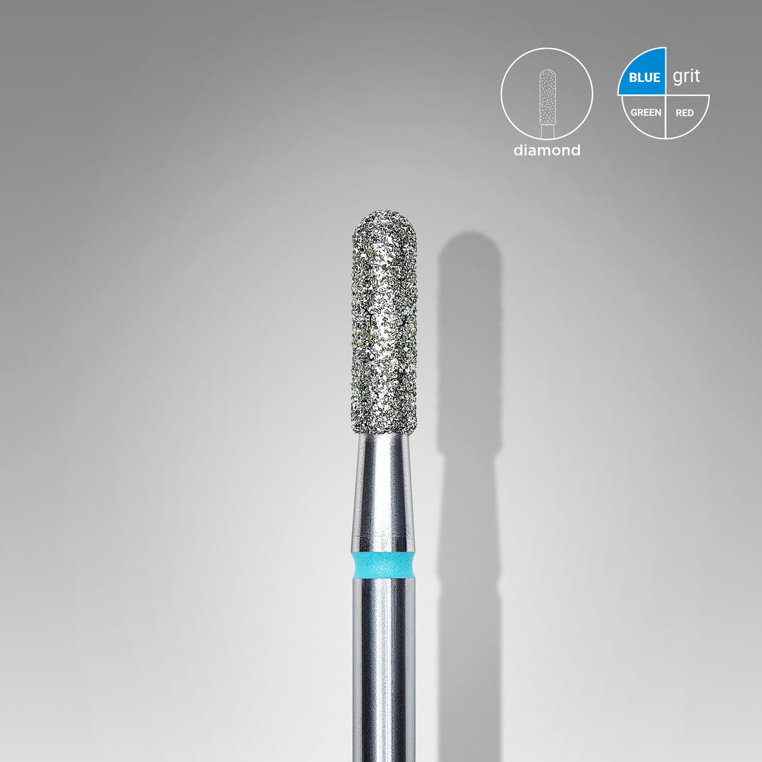 Close-up view of a Staleks diamond nail drill bit with a textured, cylindrical tip and blue marking, indicating blue grit, against a gradient gray background with an outline diagram at the top left corner.