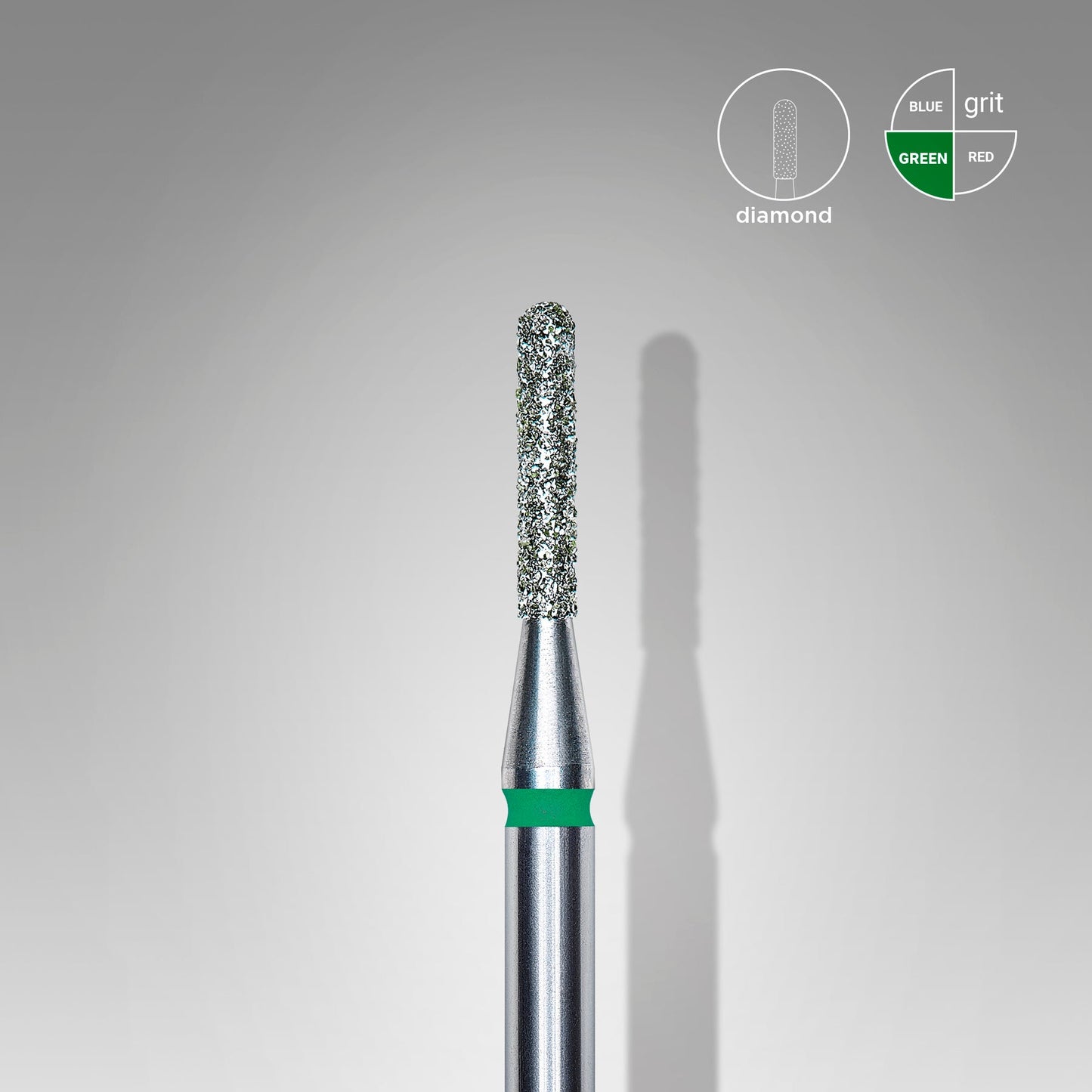 Close-up of a Staleks Pro Diamond nail drill bit (cylinder) rounded green with a gradation chart indicating the grit size, set against a grey background with its shadow visible.