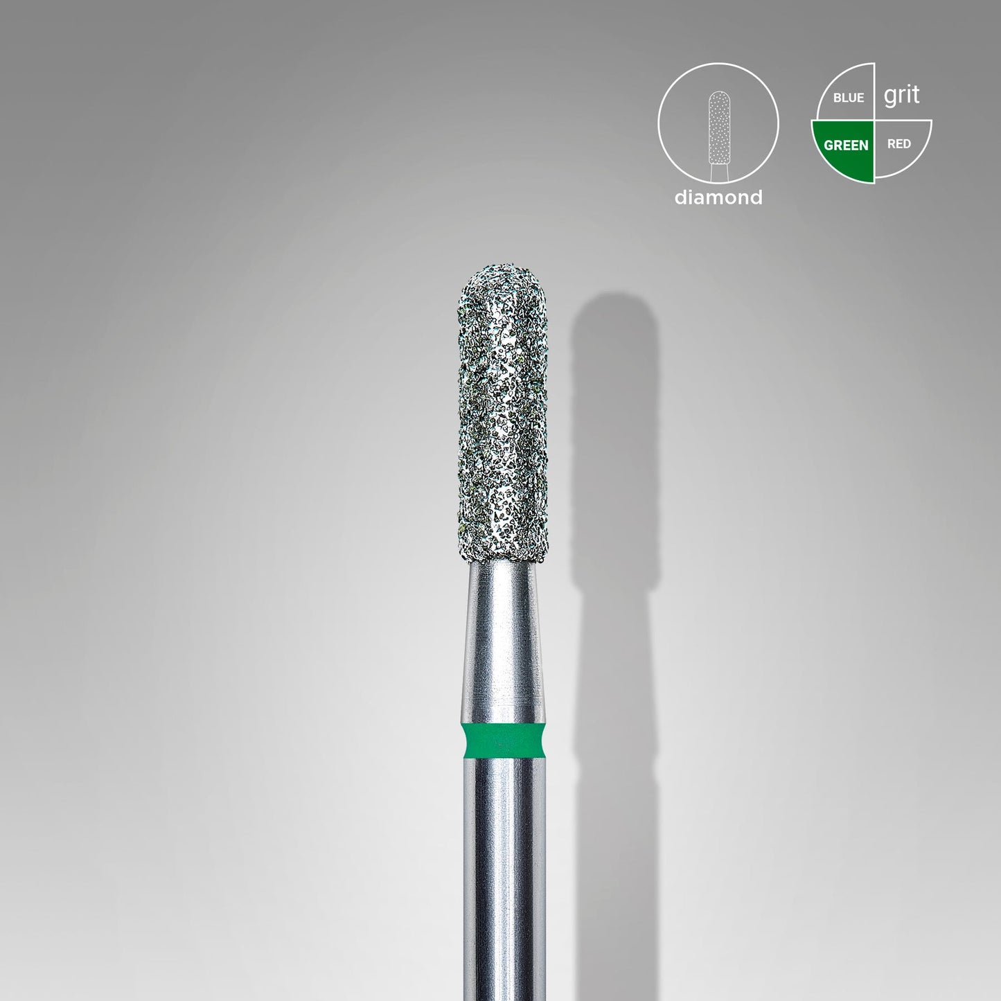 Close-up of a Staleks PRO Diamond nail drill bit (cylinder) with a green band, designed for cuticle removing, displayed against a soft gray gradient background. An inset shows the cross-section and color code for grit.