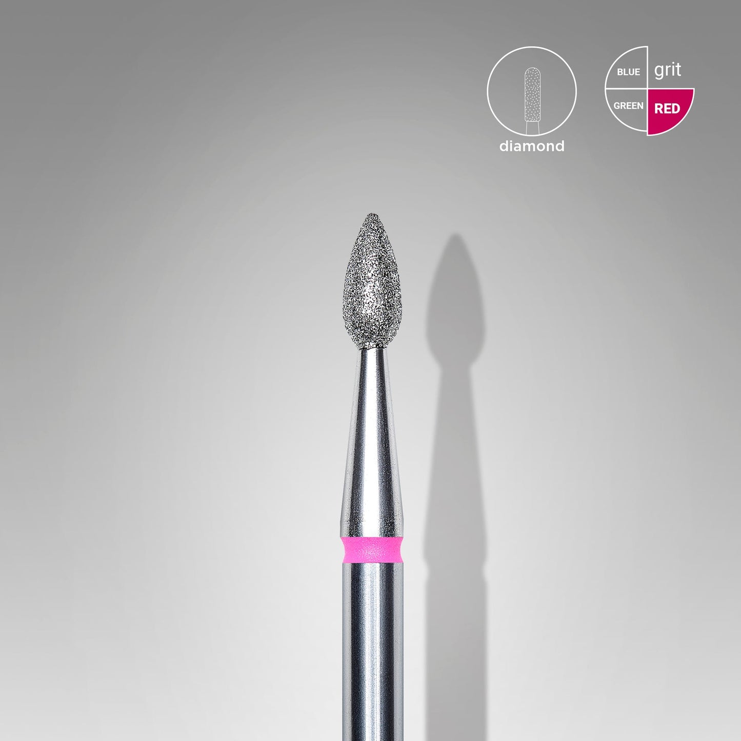 A close-up of a Staleks PRO Diamond nail drill bit with a glittering, textured surface, highlighted against a soft gray background. A color code chart indicates this as a red grit type.