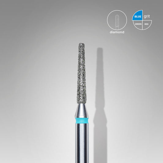 Close-up of a Staleks diamond nail drill bit (frustum) with a blue band indicating its grit size, highlighted against a soft gray background with a clear, sharp shadow.