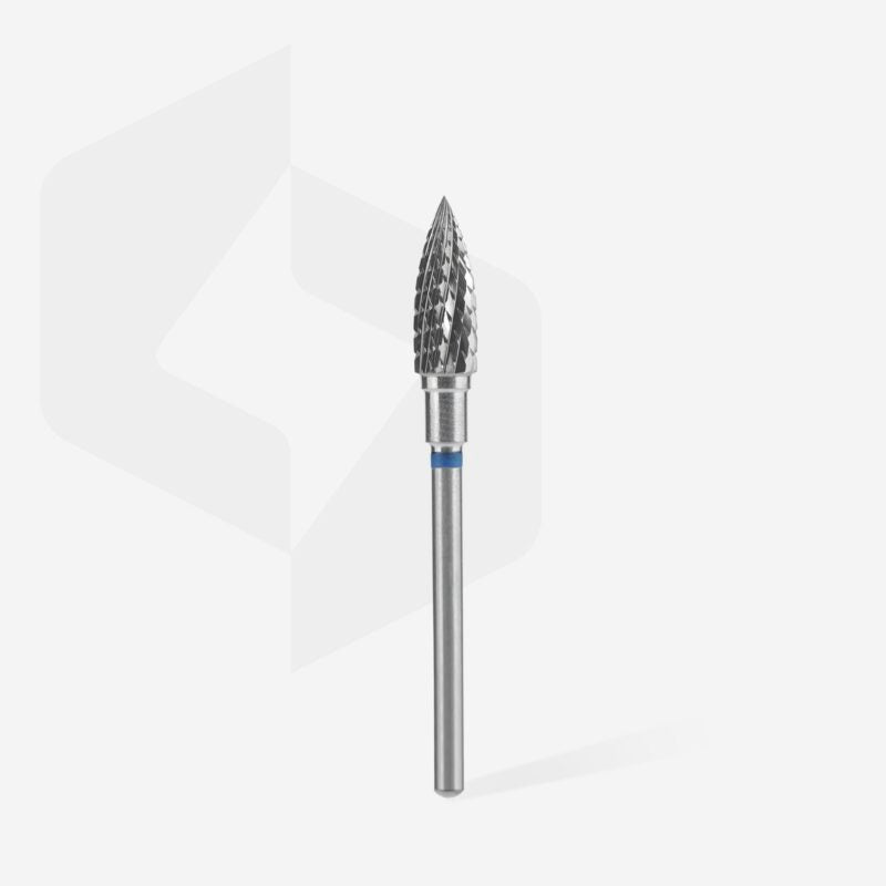The STALEKS PRO Carbide Nail Drill Bit Flame Blue by Staleks features a 5 mm head and 13.5 mm working part, perfect for gel polish removal and shaping artificial nails, shown on a plain white background.
