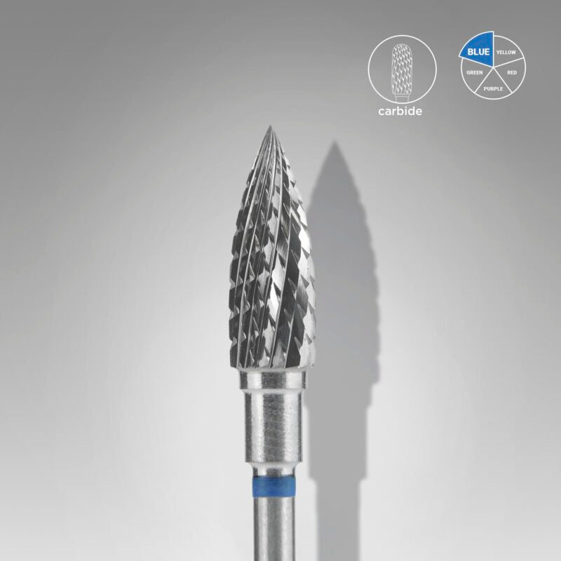 The STALEKS PRO Carbide Nail Drill Bit Flame Blue (5mm head, 13.5mm working part) by Staleks stands upright on a gray background, highlighting its conical surface. Circular icons indicate its carbide material and blue color coding.