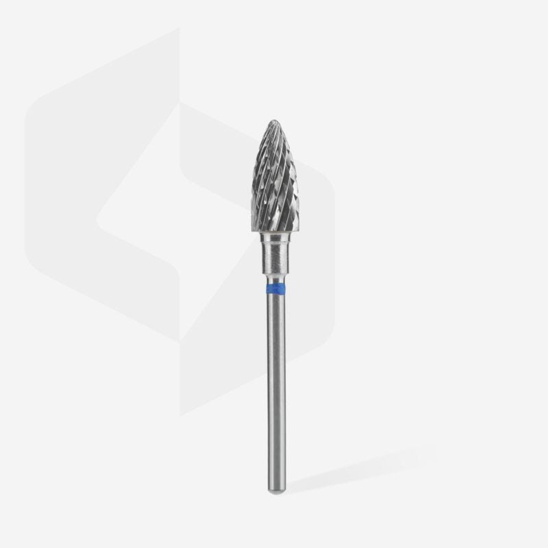The Staleks STALEKS PRO Carbide Nail Drill Bit Pine Cone Blue EXPERT, with a 6 mm head and 14 mm working part, is shown upright on a plain white background, ideal for shaping artificial nails during manicures and pedicures.