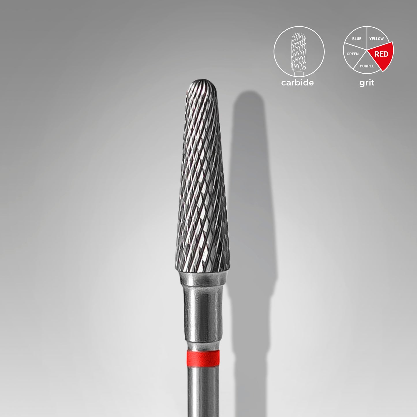 A frustum-shaped carbide nail drill bit from Staleks, featuring a spiral-cut surface and a "red grit" label in the top right corner, rests against a gray background. With a 4 mm head diameter and 13 mm working part, this versatile tool is ideal for grinding, shaping, material removal tasks as well as intricate manicure and pedicure work.