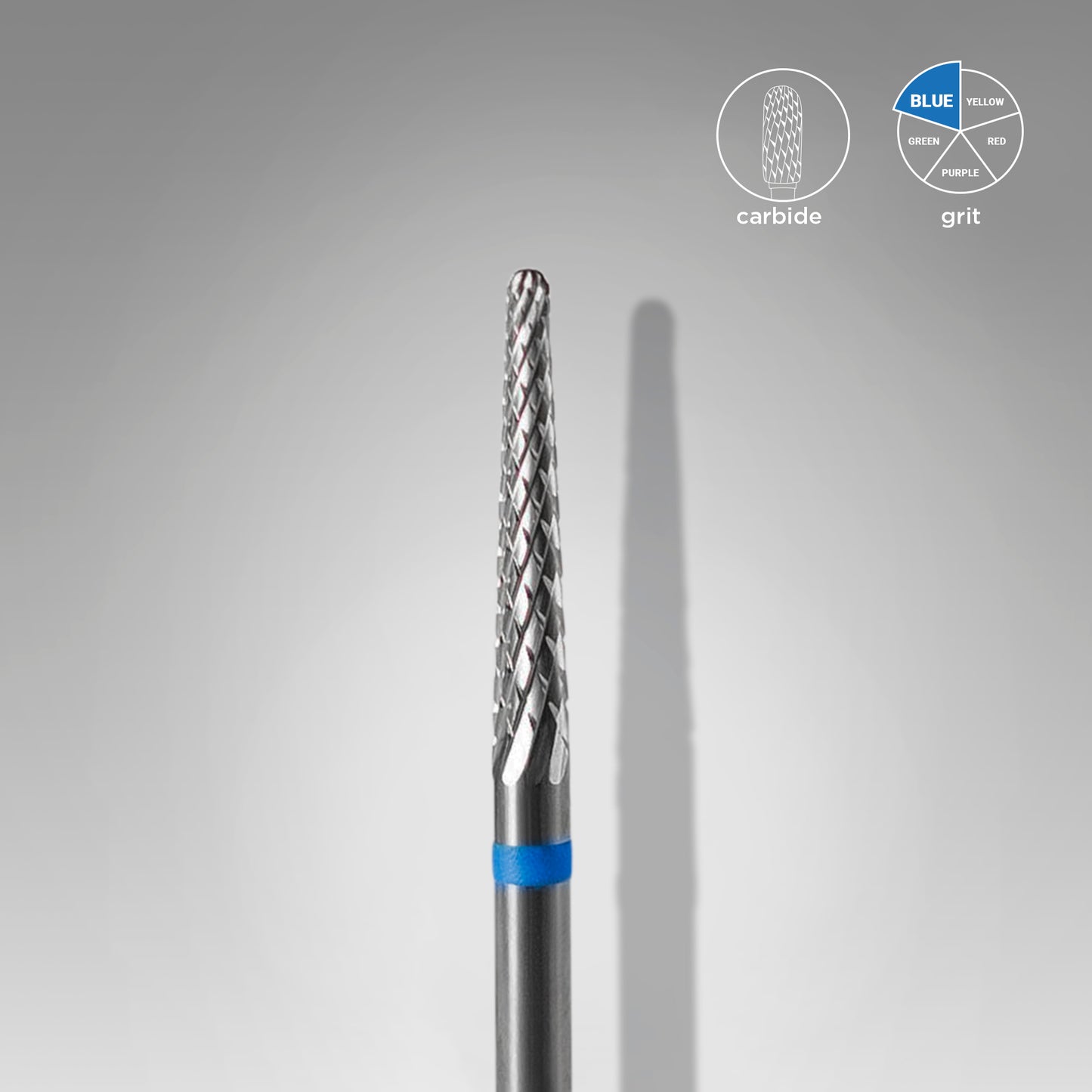 A close-up image of a high-quality Staleks PRO Carbide nail drill bit (cone) blue with a head diameter of 2.3 mm and working part of 14 mm against a gray background, with a shadow cast on the right and an overlay detailing the grit type in blue text.