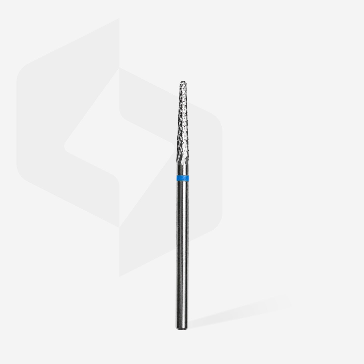 A cylindrical STALEKS PRO Carbide nail drill bit (cone) with a textured surface and a blue marking near its base, designed for both manicure and pedicure, displayed against a white background with a subtle gray angular design.