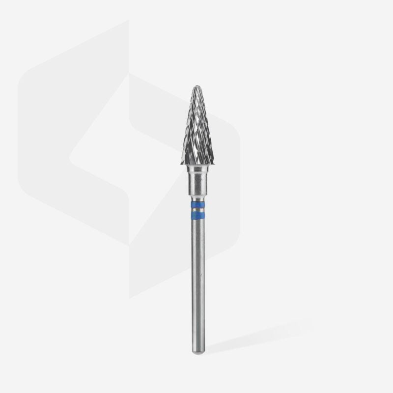 The STALEKS PRO Carbide Nail Drill Bit for Left-Handed Users by Staleks features a 6mm blue-ring cone head and 14mm working part—perfect for shaping artificial nails or pedicures—shown on a plain white background.