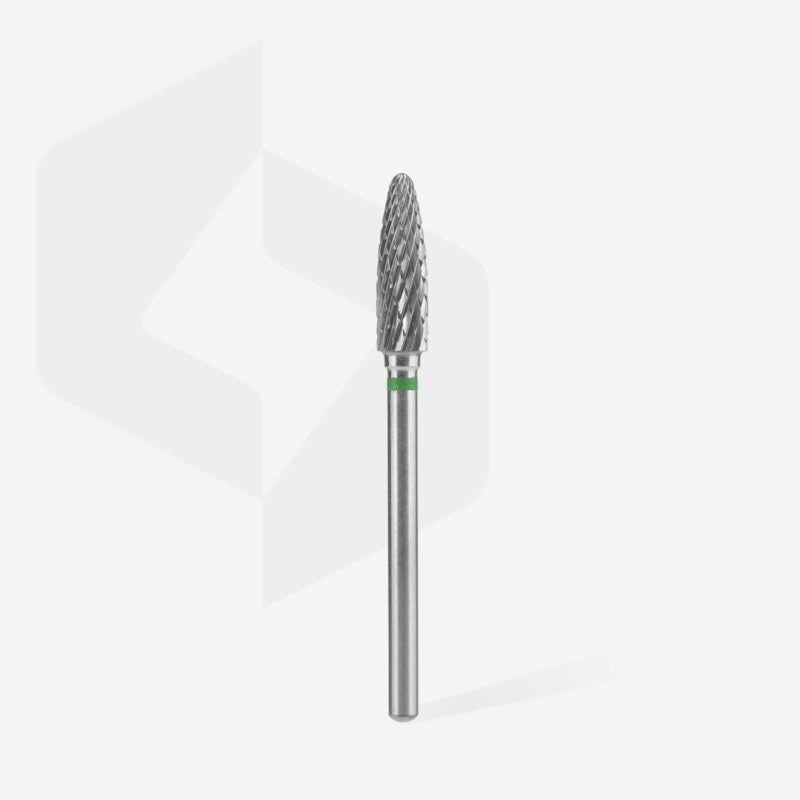 The STALEKS PRO Carbide Nail Drill Bit Corn Green EXPERT by Staleks features a 4 mm diameter, 14 mm long textured head and a smooth shaft, perfect for gel polish removal or shaping artificial nails. It stands upright on a plain white background.