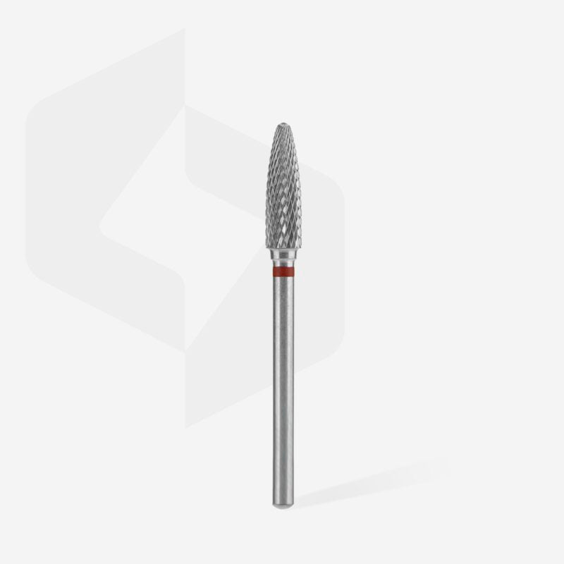 The STALEKS PRO Carbide Nail Drill Bit Corn Red by Staleks features a 4 mm head and 14 mm working part—ideal for hardware manicures or shaping artificial nails—displayed upright against a plain white background.