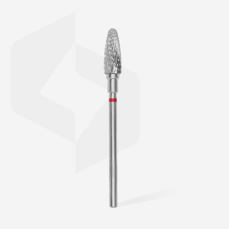 The Staleks STALEKS PRO Carbide Nail Drill Bit Corn Red EXPERT, featuring a 5 mm head and 13 mm working part, stands upright against a plain white background; it's ideal for gel polish removal in hardware manicures.