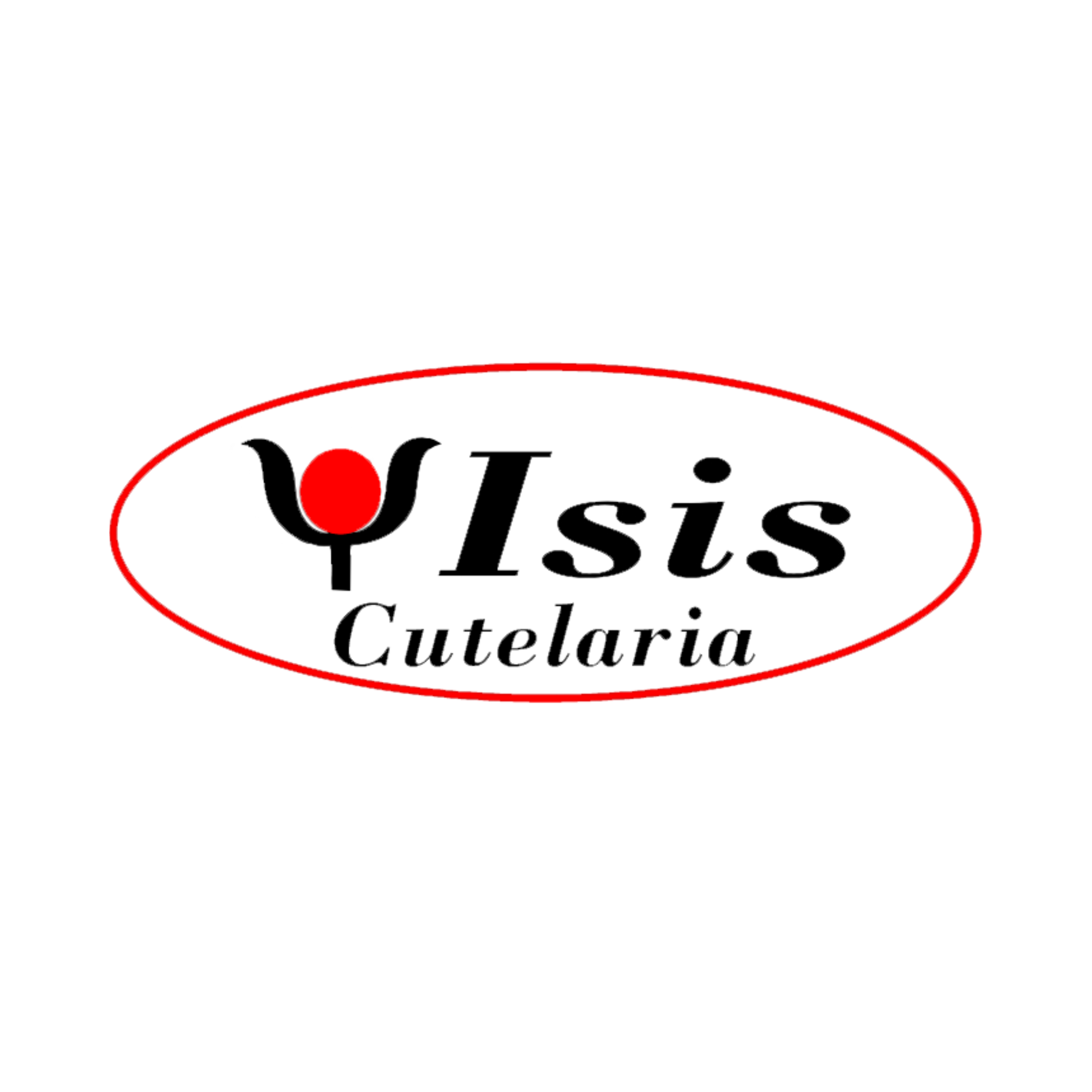 The logo features "Isis Cutelaria" in black inside a red oval, with a red dot and black wavy line resembling a stainless steel knife to the left of "Isis.