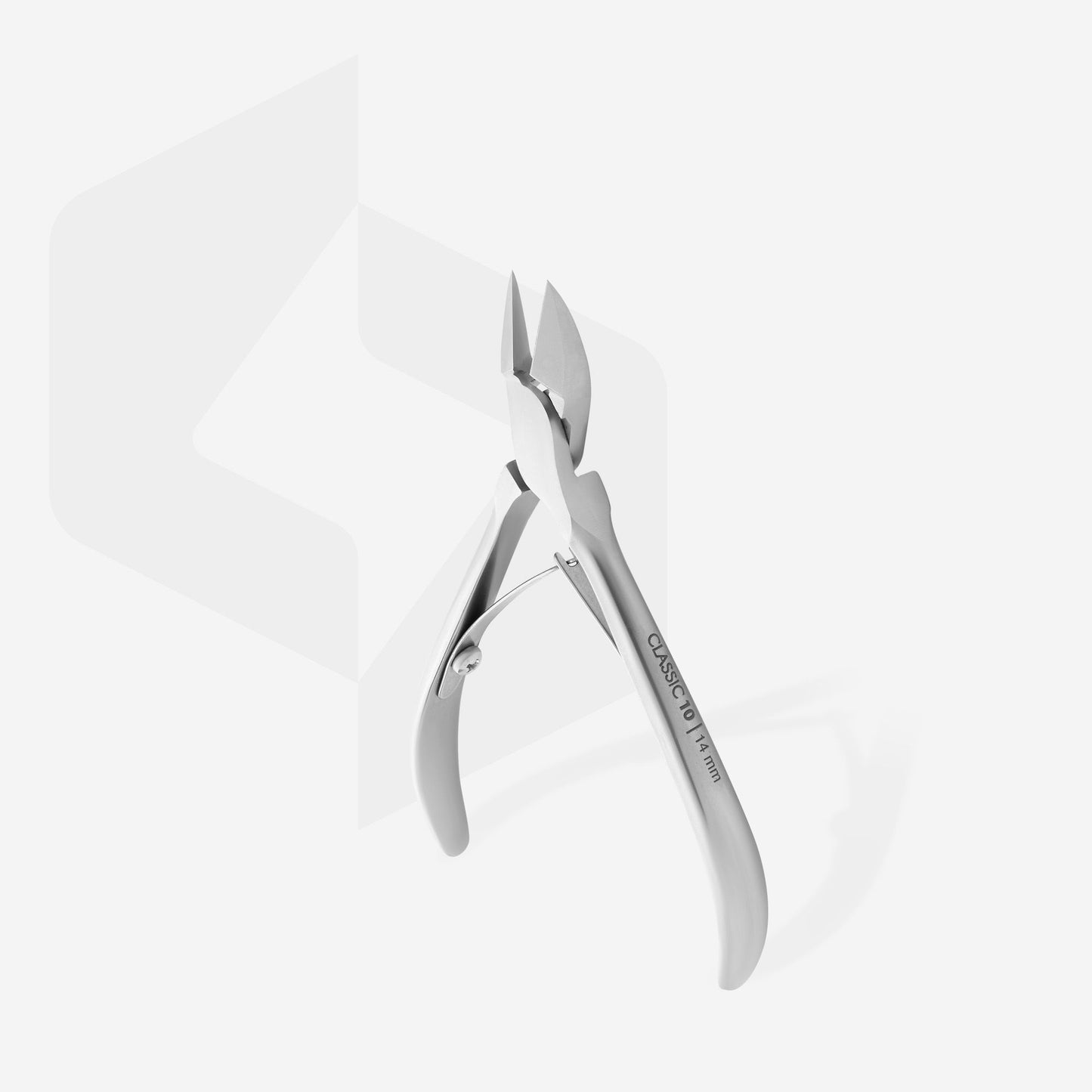 The STALEKS PRO Cuticle Nippers by Staleks, with a 14 mm long jaw, are crafted from medical-grade stainless steel. They feature a curved blade and spring mechanism for precise trimming, while their diamond-sharpened edge ensures clean cuts against a subtle geometric patterned background.