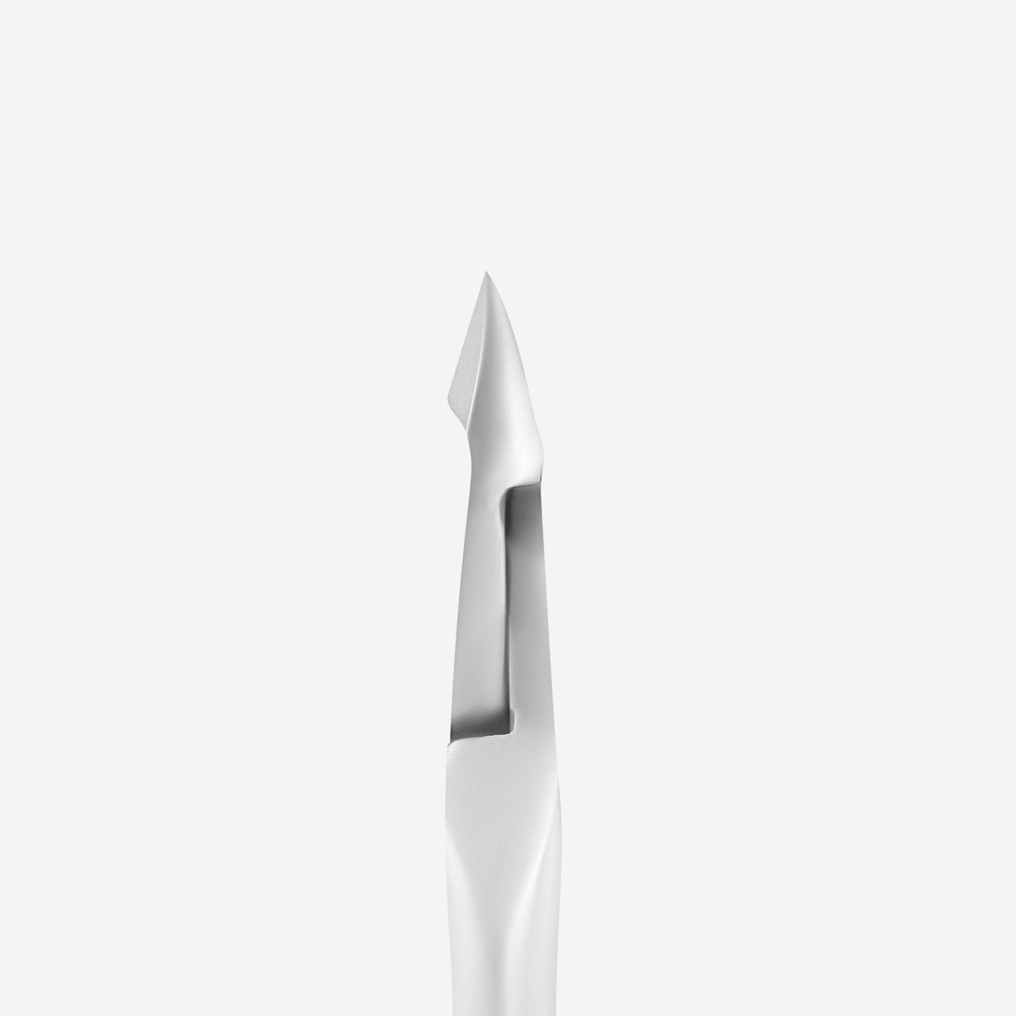 Close-up of a sleek STALEKS PRO Cuticle Nippers with a 6 mm jaw from the CLASSIC 10 series, made of durable AISI 420 steel. It boasts an ergonomic design with a metallic, pointed tip and sharp edge, set against a plain light grey background.