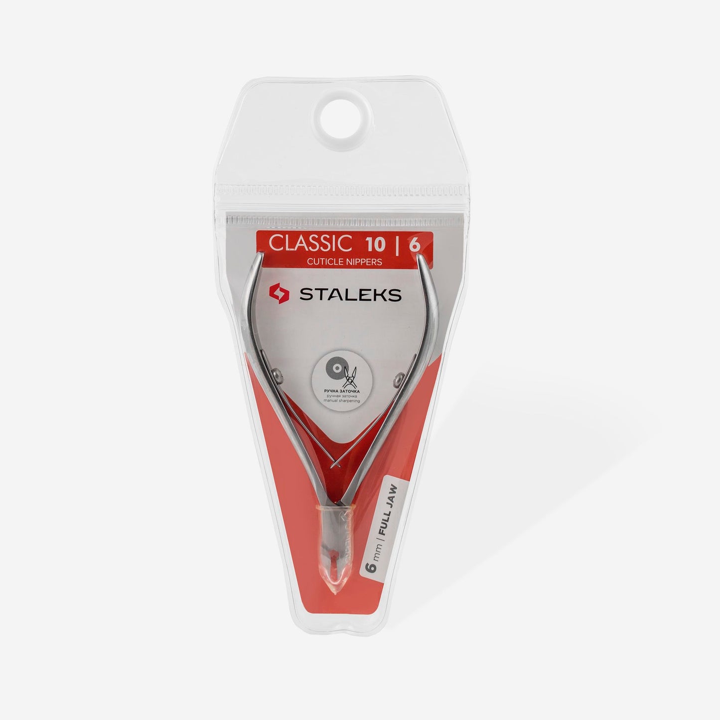 The image features STALEKS PRO Cuticle Nippers 6 mm jaw CLASSIC 10 by Staleks, showcasing an ergonomic design. Made of durable AISI 420 steel, these silver nippers have a full jaw and are encased in a transparent plastic pouch with a red and white label.