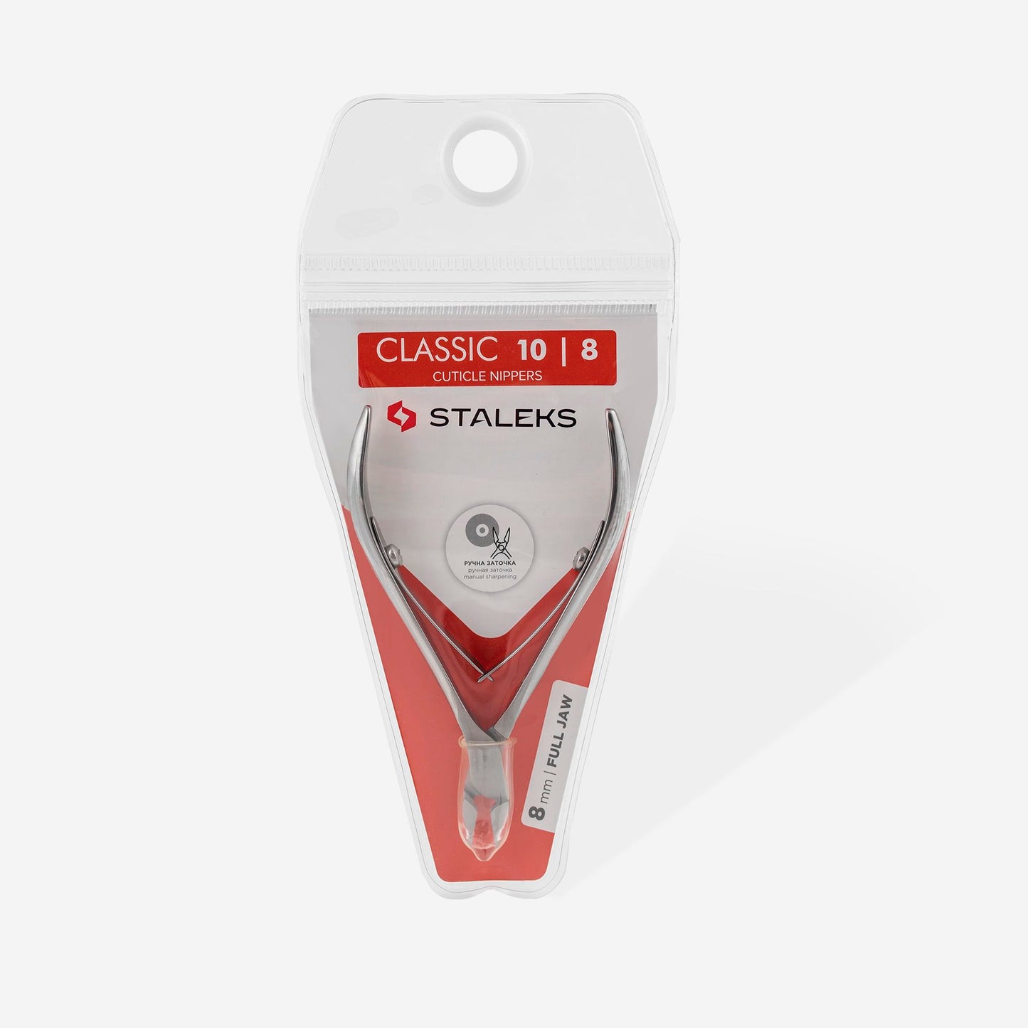 The STALEKS PRO CLASSIC 10 cuticle nippers feature an 8mm full jaw made of stainless steel. The product is presented in clear plastic over red and white cardboard, showcasing the Staleks brand and details.