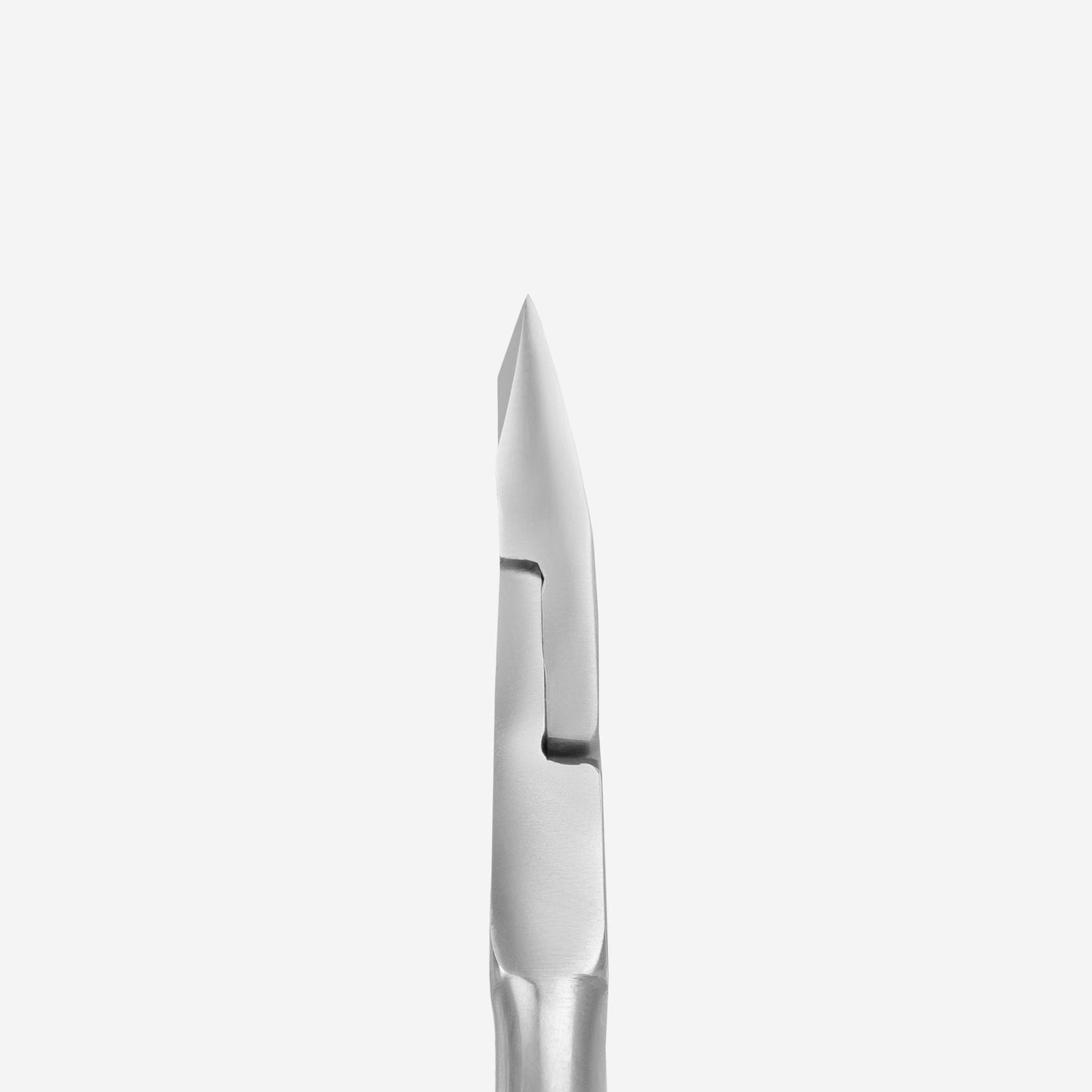 Close-up of a sharp stainless steel blade against a plain white background, featuring a polished finish and precise tip, similar to the precision of STALEKS PRO Cuticle Nippers 3 mm quarter jaw CLASSIC 12 by Staleks.