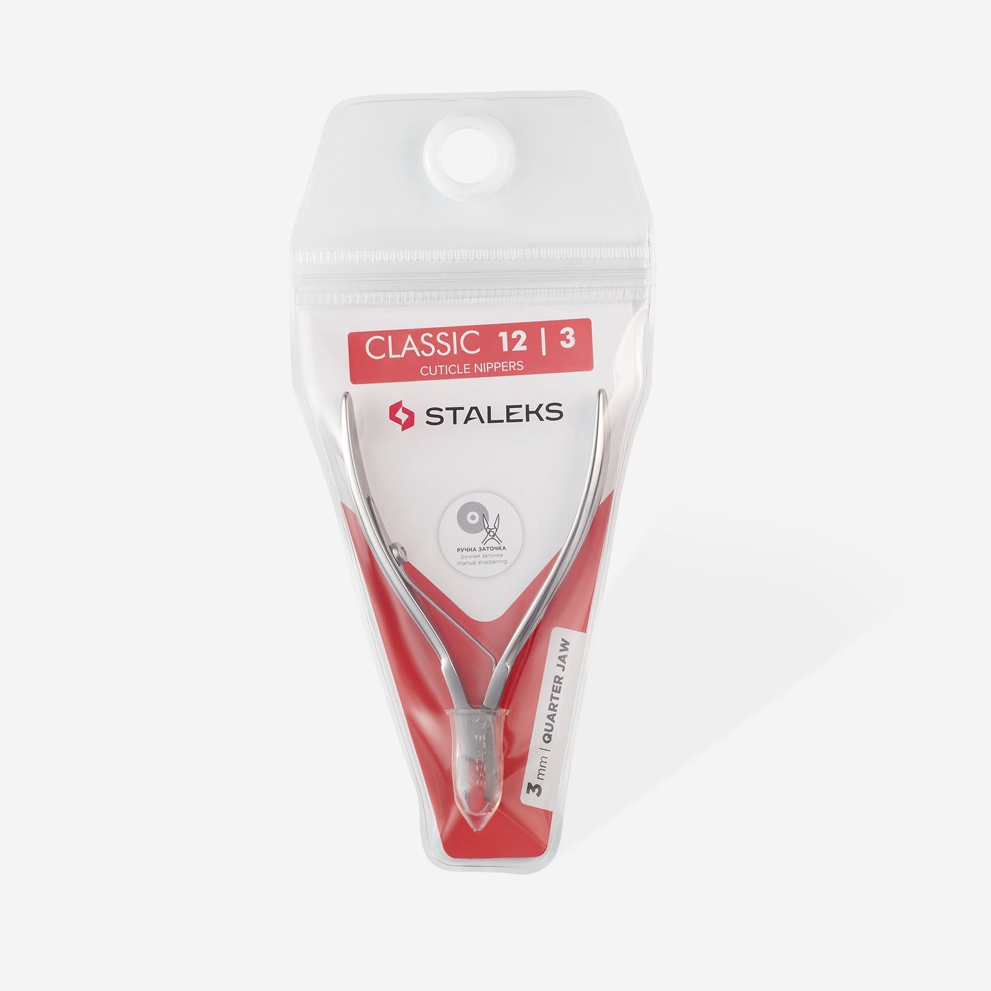 The STALEKS PRO CLASSIC 12 Cuticle Nippers, made by Staleks, feature a 3mm quarter jaw and are crafted from stainless steel. The nail care tool comes in mostly clear packaging with red accents to highlight its precision for manicure and pedicure tasks.