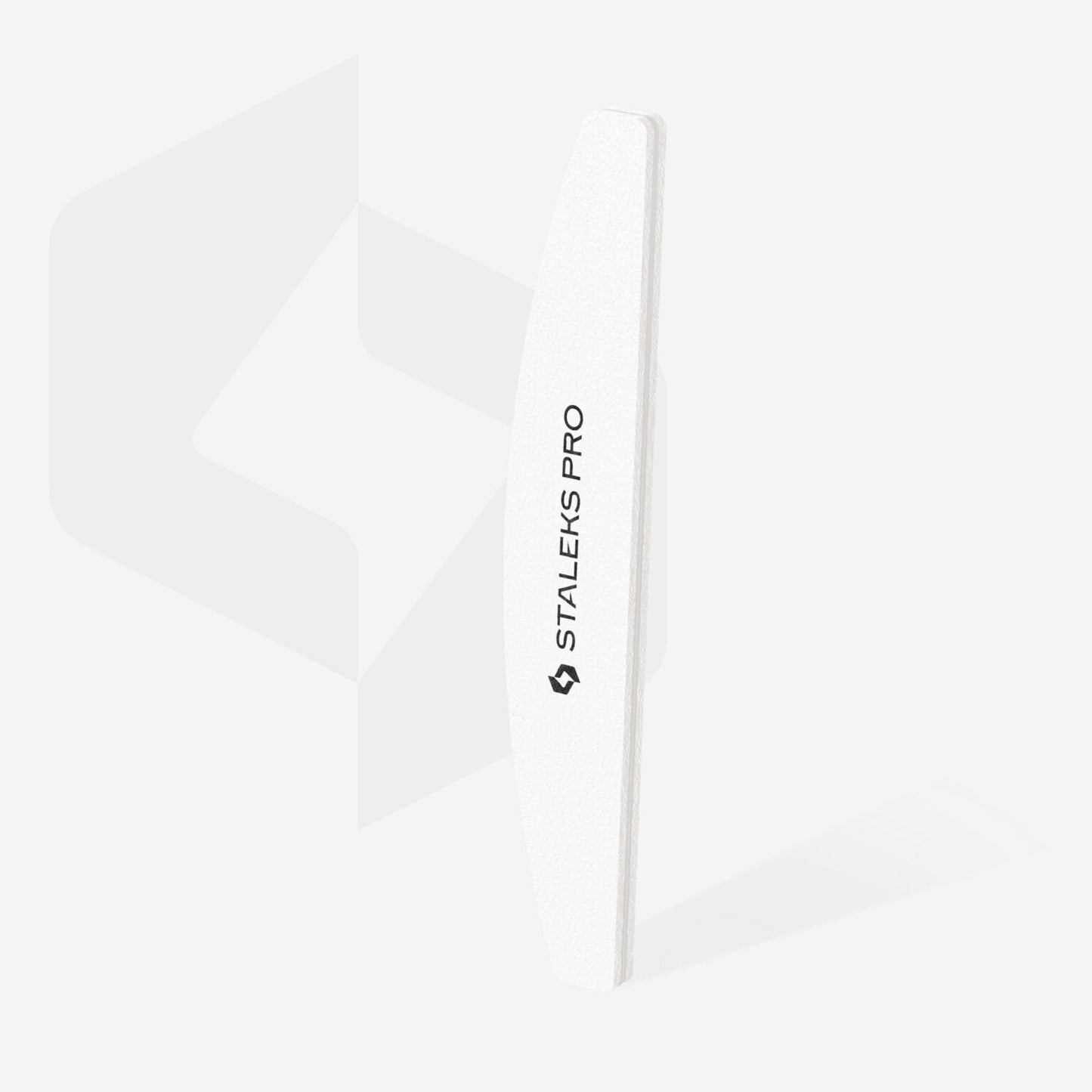 A STALEKS PRO Grinding Buff crescent EXPERT 41 100/180 grit nail file (10 pcs) in white, featuring the Staleks brand name in black, stands upright against a plain light background.