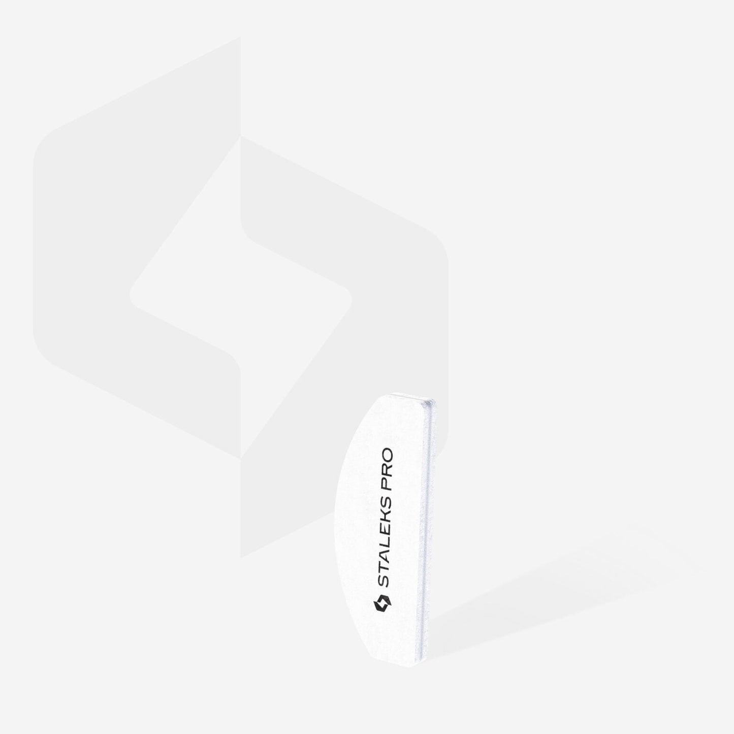 A STALEKS PRO Grinding Buff Crescent mini EXPERT 41 100/180 grit (20 pcs) in white with “Staleks PRO” branding stands upright on a light gray background, faint geometric logo visible behind.