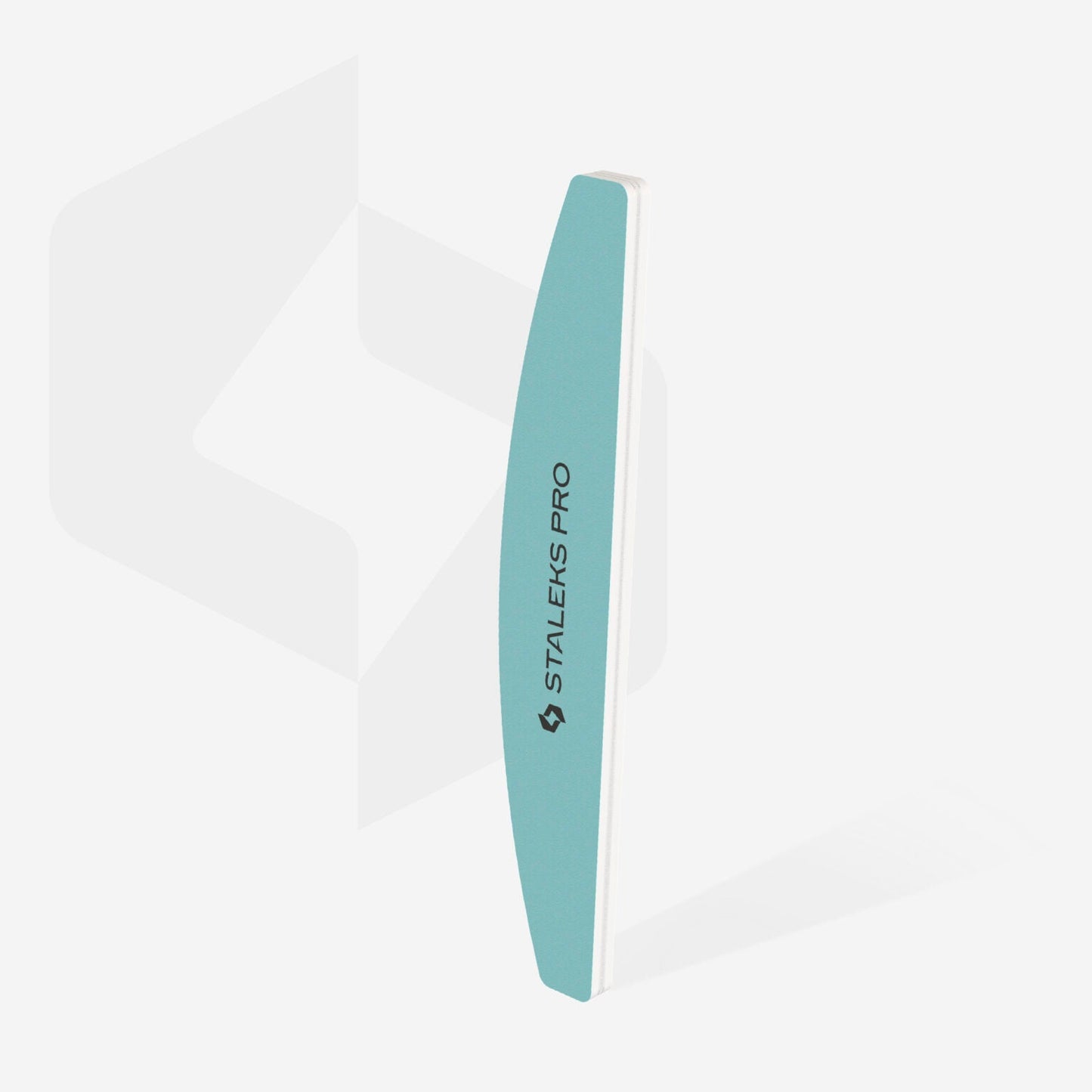 The STALEKS PRO Polishing Buff Crescent Expert 41 (400/3000 grit, 1 pc) by Staleks is a light blue and white curved nail buffer block with "STALEKS PRO" printed on the blue side, ideal for manicure and pedicure routines.