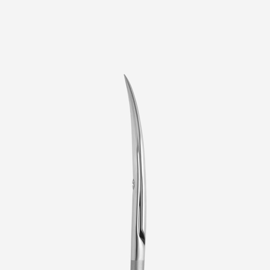 A close-up of the Staleks STALEKS PRO Professional Cuticle Scissors SMART 10 TYPE 3, featuring curved, high-alloy stainless steel blades by Staleks, displayed against a plain white background.