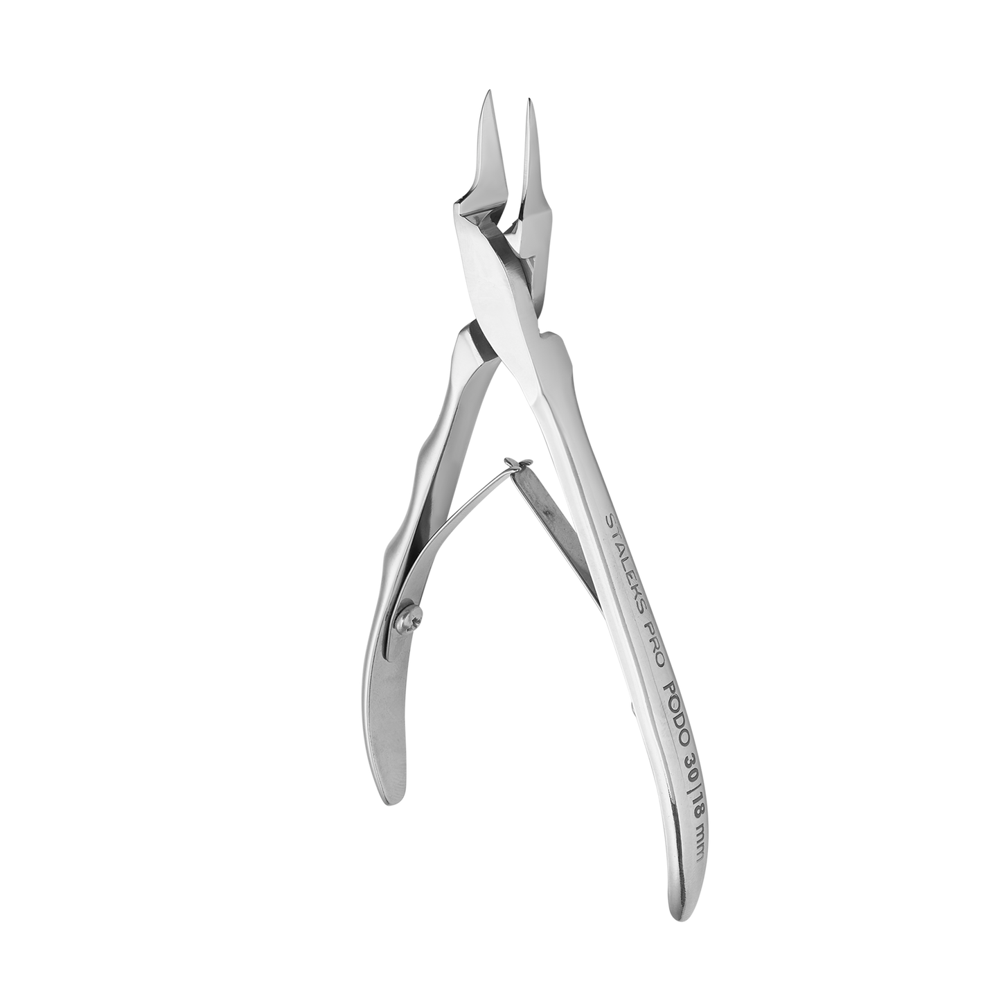 A Staleks stainless steel ingrown nail nipper with a lever, positioned diagonally and casting a shadow on a white background.