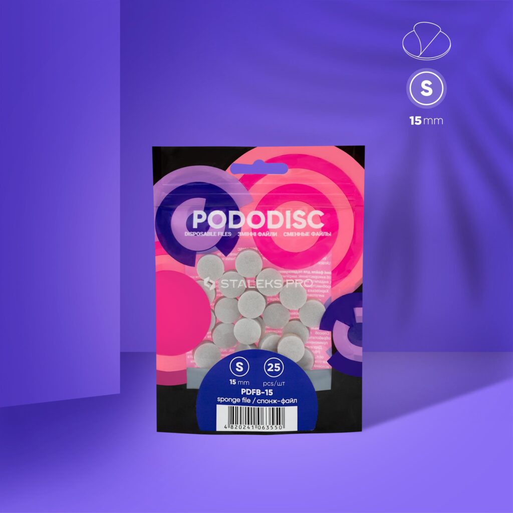 A pack of STALEKS PRO Disposable Files-Sponges For Pedicure Disc PODODISC S EXPERT 15 (25 pcs) by Staleks is shown on a purple background, with bold pink, purple, and blue circles, revealing 25 abrasive 15mm sponge files for smooth feet.