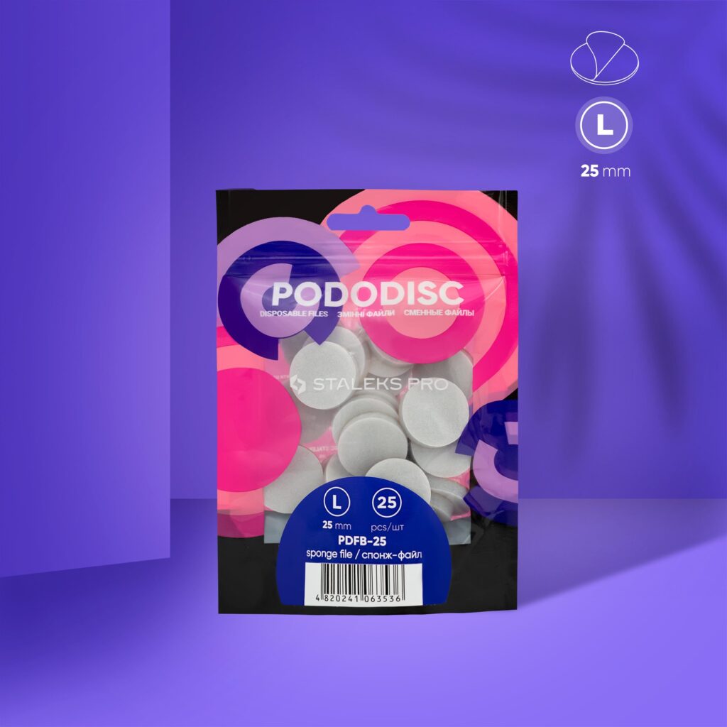 A pack of STALEKS PRO Disposable Files-Sponges For Pedicure Disc PODODISC L EXPERT 25 (25 Pcs) by Staleks is shown on a purple background with circular patterns and a 25 mm label, emphasizing their abrasive surface for smooth feet.