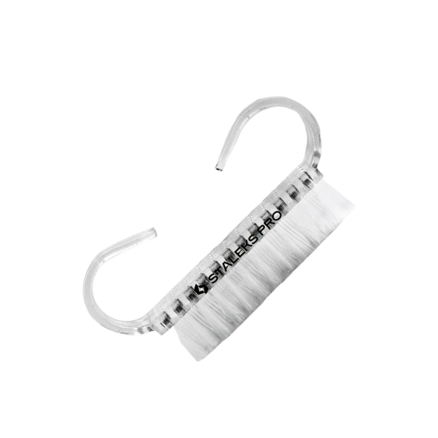 A set of 10 STALEKS PRO Manicure Brushes EXPERT 02 by Staleks, made from durable plastic with white synthetic bristles and two curved handles, ideal for dust removal during manicures.