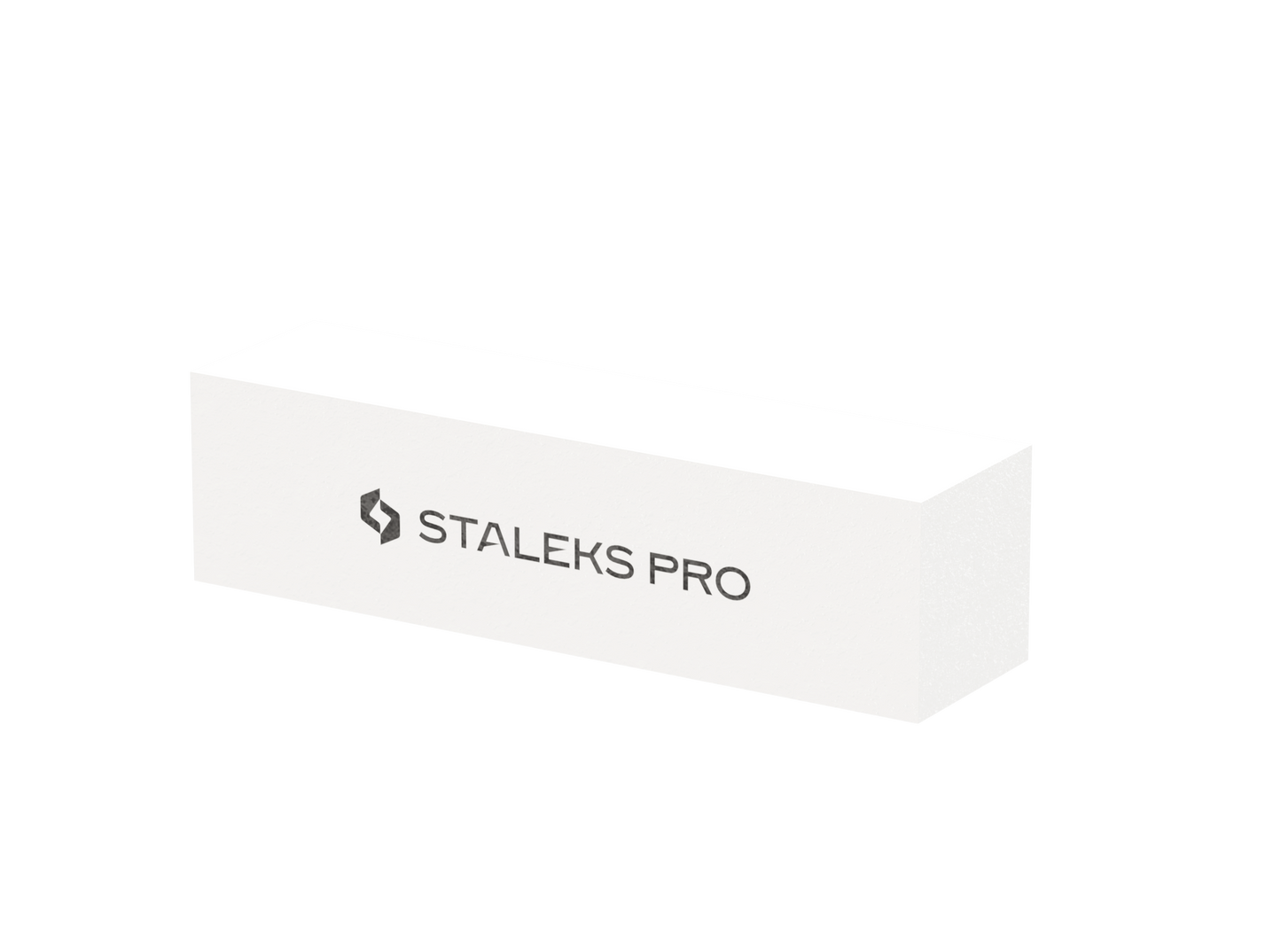 The STALEKS PRO Grinding Buff Rectangular EXPERT 51 150 grit (10 pcs) by Staleks is a white buffer block with the black "STALEKS PRO" logo, ideal for smoothing artificial nails or prepping for nail extensions.