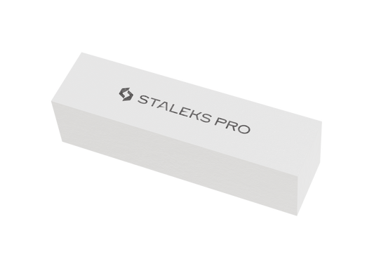 The STALEKS PRO Grinding Buff Rectangular EXPERT 51 150 grit (10 pcs) is a white rectangular nail buffer, ideal for artificial nails and extensions, with "STALEKS PRO" and the Staleks logo on the top.