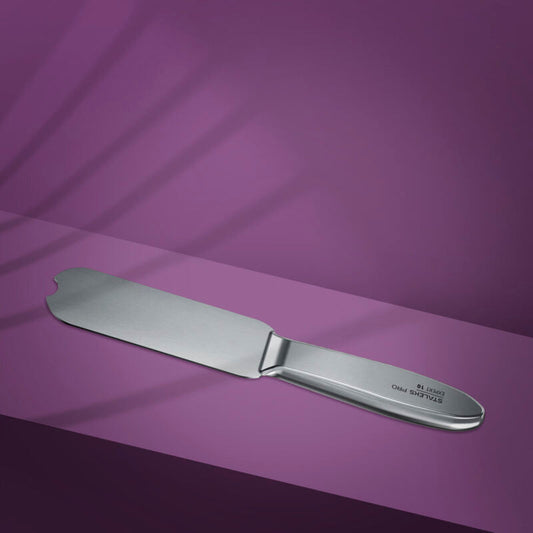 The STALEKS PRO Metal Base for Pedicure Grater EXPERT 10 by Staleks, made of stainless steel, rests on a purple surface with its rounded edge and slight notch casting a subtle shadow.