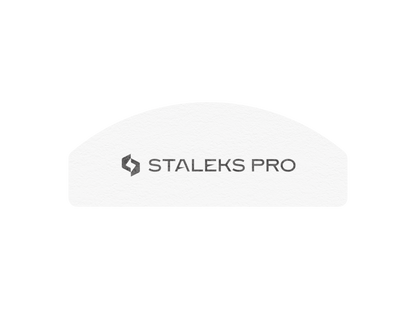 The Staleks PRO Grinding Buff Crescent mini EXPERT 41 (100/180 grit, 20 pcs) is a white, semi-circular nail file with the gray “STALEKS PRO” logo, designed for shaping and finishing natural or artificial nails.