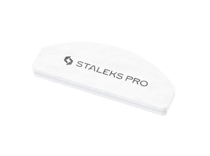 The STALEKS PRO Grinding Buff Crescent mini EXPERT 41 (100/180 grit, 20 pcs) by Staleks is a white, semi-circular nail buffer with a gray "STALEKS PRO" logo, shown on a black background.