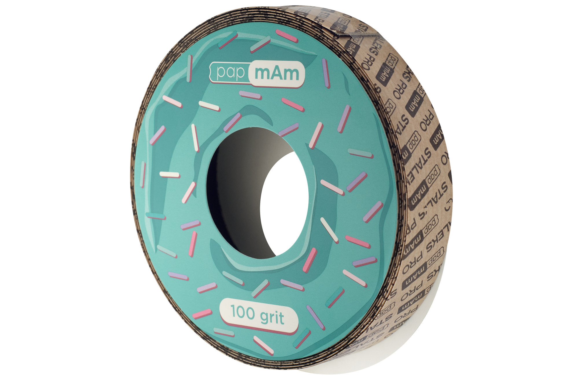 A roll of Staleks STALEKS PRO papMam White Disposable Abrasive Tape File EXPERT (Without Plastic Case) Atsc with a doughnut design, featuring pink and white sprinkles, marked as "100 grit". The roll is partially seen within a cardboard box.